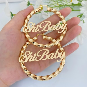 Personalized Name Earrings, Gold Twist Hoop, Dainty Minimalist Earring, Custom Women Jewelry, Birthday Gift