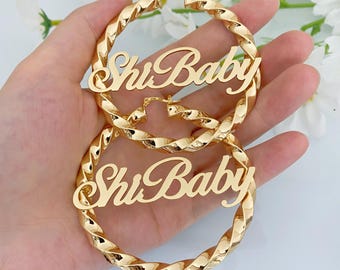 Personalized Name Earrings, Gold Twist Hoop, Dainty Minimalist Earring, Custom Women Jewelry, Birthday Gift