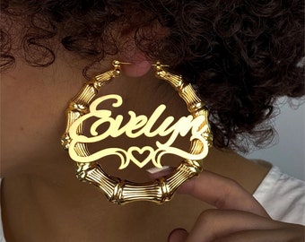 Custom Name Bamboo Hoop Earrings: Heart Nameplate, Personalized Jewelry Gift
