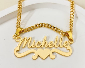Personalisierte 14K Gold Name Halskette & Herz Bambus Creolen Set, Benutzerdefinierte Schmuck Geschenk