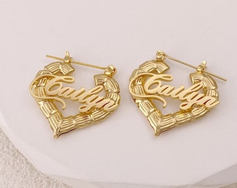 Custom Bamboo Name Earrings: Personalized Heart Hoops, Gold Jewelry
