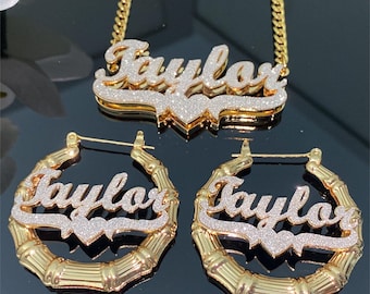 Personalized Bling Name Jewelry Set: Gold Bamboo Earrings & Double Nameplate Necklace