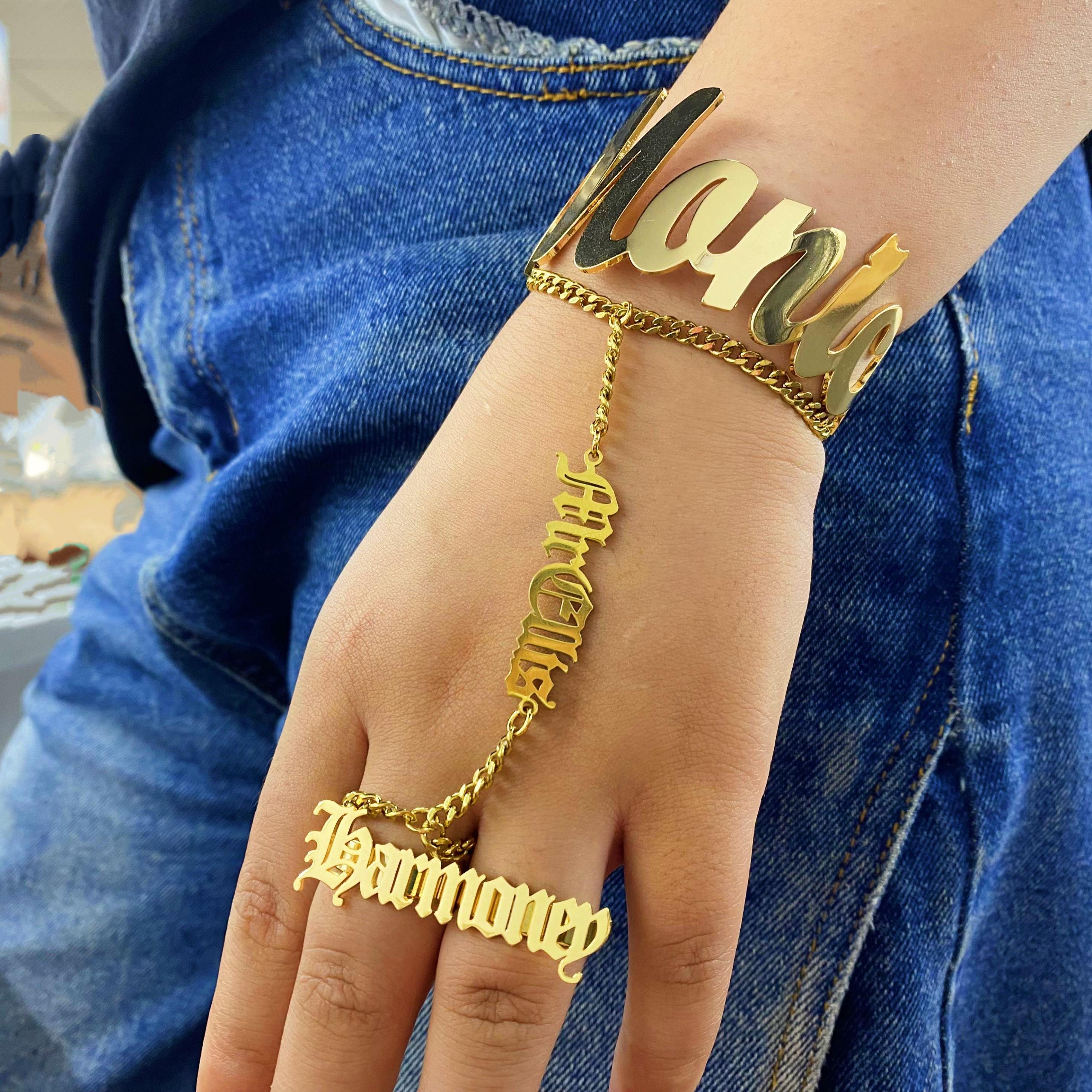 Personalized Name Bangle Bracelet Set: Bohemian Hand Chain Ring