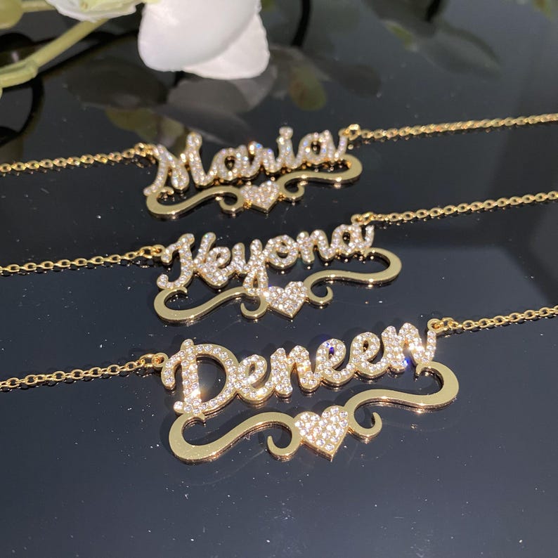Personalized Diamond Name Necklace With Heart: 18k Gold, Bling ...
