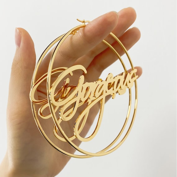 Gold nameplate hoop earrings discount