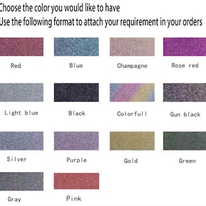 K&ouml;nnte beinhalten: Eine Farbkarte mit 14 verschiedenen Glitterfarben. Die Farben sind: Rot, Blau, Champagner, Rosarot, Hellblau, Schwarz, Bunt, Schwarzgrau, Silber, Lila, Gold, Gr&uuml;n, Grau und Pink.