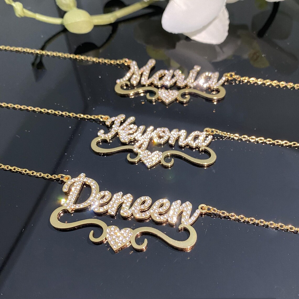 Personalized Diamond Name Necklace With Heart: 18k Gold, Bling ...