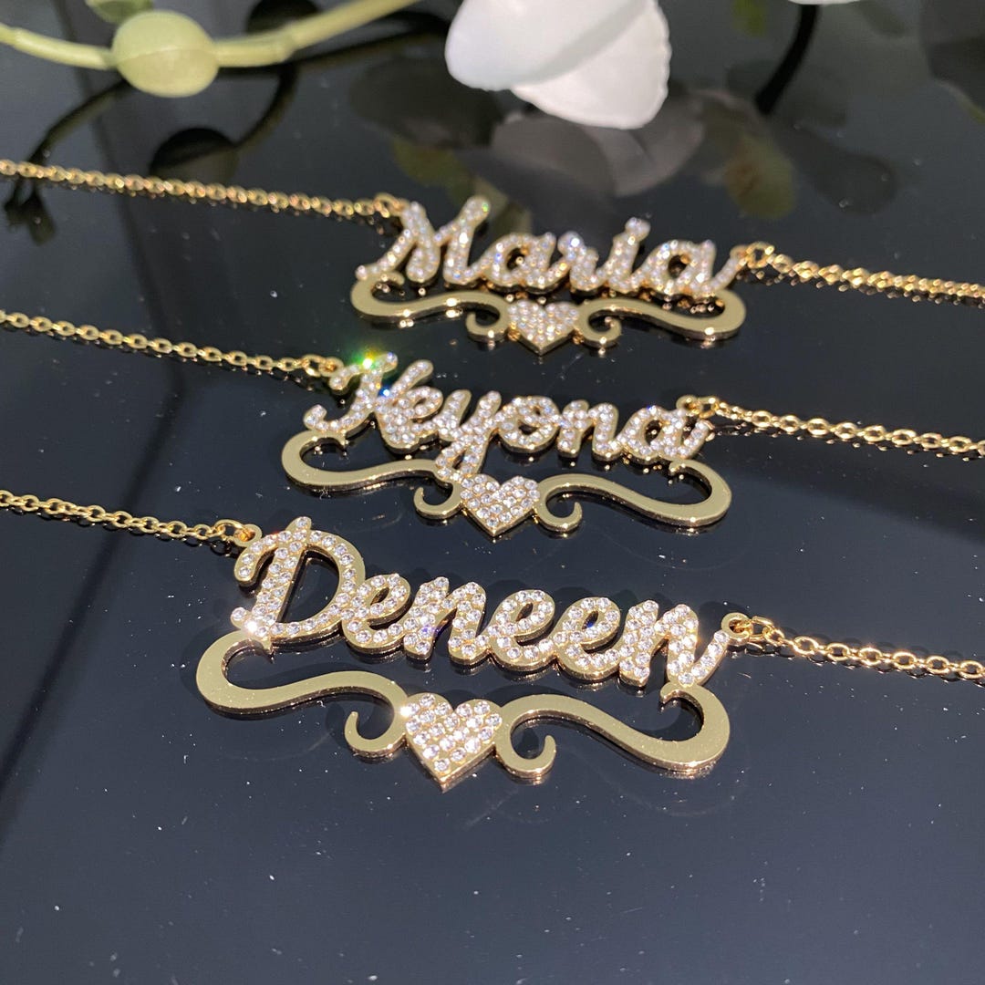 Personalized Diamond Name Necklace With Heart: 18k Gold, Bling ...