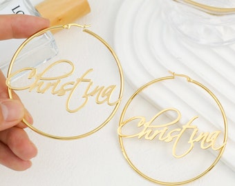 Custom Earrings, Hoop Name Earrings, Personalized Gift, Women Name Earrings, Large Hoop Earrings, Nameplate Hoop Earrings, Best Gift for Mom