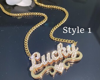 18K Gold Plated Double Name Necklace: Personalized Diamond Accent