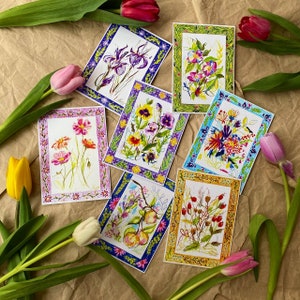 Handgemachte Postkarten, süße Blumen Postkarten, 7er Set, Mini Kunstdruck Set, Kartenset, süße Karten, Kunst Geschenk