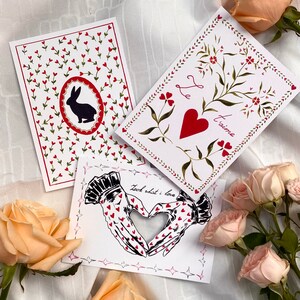 Cartões postais feitos à mão, cartões postais fofos do dia dos namorados, conjunto de 3, mini conjunto de impressão artística, pacote de cartões, cartões fofos, presente artístico