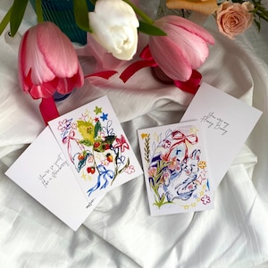 Cartões postais feitos à mão, cartões postais fofos, conjunto de 2, mini conjunto de impressão artística, pacote de cartões, cartões fofos, presente artístico