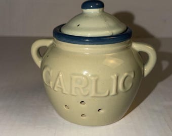 Vtg Stoneware Garlic Keeper Gray With Blue Stripe and Interior Storage Pot Crock