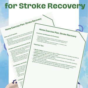May include: Image of a home exercise plan for stroke recovery. The plan includes warm-up, strength, endurance, coordination, and cool-down exercises. A first aid kit and a doctor are in the illustration.