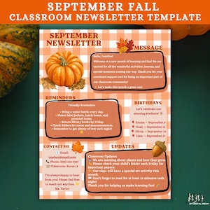 Könnte beinhalten: Eine September-Klassenzimmer-Newsletter-Vorlage mit orange-weißem Karomuster-Hintergrund, einer Kürbis-Illustration und Herbstblättern. Der Text enthält Abschnitte für Nachrichten, Erinnerungen, Geburtstage, Kontaktinformationen und Updates.