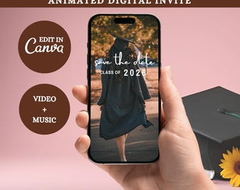 Video de invitación para guardar la fecha de graduación, plantilla editable con foto, anuncio digital animado de graduación, para estudiantes de último año de secundaria y universidad.