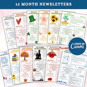 May include: A set of twelve monthly newsletter templates featuring grid backgrounds and seasonal illustrations for each month, including fireworks, hearts, shamrocks, flowers, sunflowers, palm trees, apples, trees, pumpkins, turkeys, and snowmen.