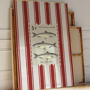 Vintage Striped Fish Print Coastal Kitchen Wall Art Nautical Striped Decor Seafood Poster Beach House Art Mediterranean Aesthetic Red Print
