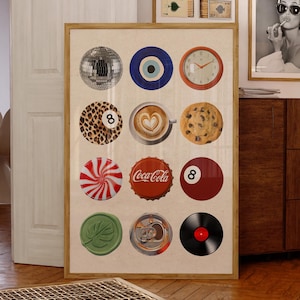 May include: A framed print featuring a collage of circular images, including a disco ball, an eye symbol, a clock, a cookie, a Coca-Cola bottle cap, and a vinyl record. Additional framed prints of playing cards and a woman smoking are also visible.