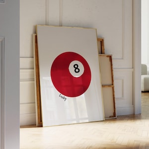 Vintage print biljartbal, Lucky 8-ball muurkunst, retro handgetekende poster, poster rode biljartbal, trendy digitale kunst wordt afgedrukt, afdrukbare poster
