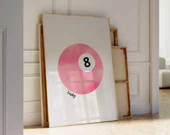 Impressão de bola de bilhar vintage, arte de parede com bola da sorte 8, pôster retrô desenhado à mão, pôster de bola de bilhar rosa, impressões de arte digital modernas, pôster para impressão