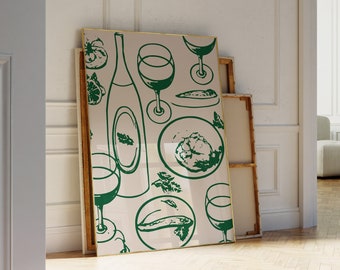 Grün Wein und Essen Retro Küche Dekor Poster | Vintage Weindruck | Modernes Esszimmer Wandkunst | Handgezeichneter moderner Küchen Barwagen Druck