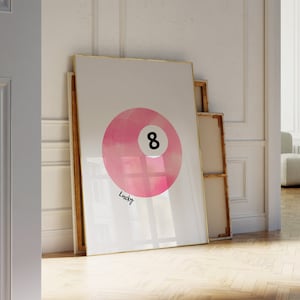 impression vintage boule de piscine, art mural 8 boules porte-bonheur, affiche rétro dessinée à la main, affiche boule de piscine rose, impressions d'art numérique tendance, affiche imprimable