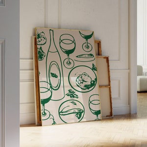 Groene wijn en eten retro keukendecor poster | Vintage wijnprint | Moderne muurkunst eetkamer | Handgetekende moderne print keukenbar Cart