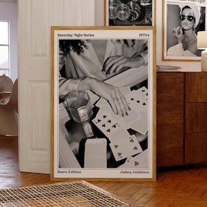 Woman Playing Cards Wall Art, Black and White Print, Playing Cards Print, Vintage Photo, Feminist Poster, Retro Bar Cart 70s Gallery Decor