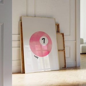 Vintage biljartbalprint, retro handgetekende muurkunst, Lucky 7 Ball muurkunst, afdrukbare muurkunst, digitale downloadprint, trendy muurkunst