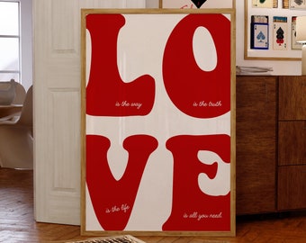 Love Poster 70s Wall Print, Trendy Wall Art, Retro Print, Red Love Art, Vintage Love Poster, Typography Wall Art, Girl Dorm Room Wall Art