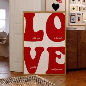 Póster de amor de los años 70, impresión de pared, arte de pared de moda, impresión retro, arte de amor rojo, póster de amor vintage, arte de pared tipográfico, arte de pared de dormitorio de niña