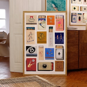 Vintage Matchbox Print, Modny plakat z zapałkami, Sztuka ścienna w stylu retro z pudełka zapałek, Funky Red Estetyczny wydruk do mieszkania, Natychmiastowe pobieranie cyfrowe