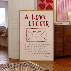 Impresión de una carta de amor, arte de pared estético, regalo de mediados de siglo para un amante, impresión roja de moda, arte dibujado a mano, decoración de arte de sobre, póster de tipografía