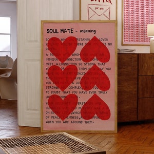 Póster de amor, impresión de alma gemela, arte mural de amor de los años 70, arte tipográfico vintage de corazones rojos retro de moda, regalo para pareja, decoración de dormitorio de chicas