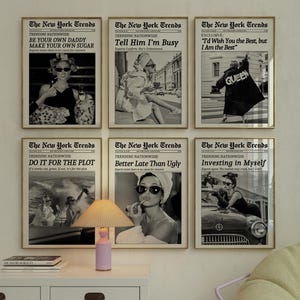 以下が含まれることがあります： The New York Trendsと題された6枚のモノクロ額入りウォールアートプリントセット。Be Your Own Daddy、Tell Him I'm Busy、Investing in Myselfなどの大胆な見出しが付いた、さまざまなライフスタイル写真のシーンが特徴です。