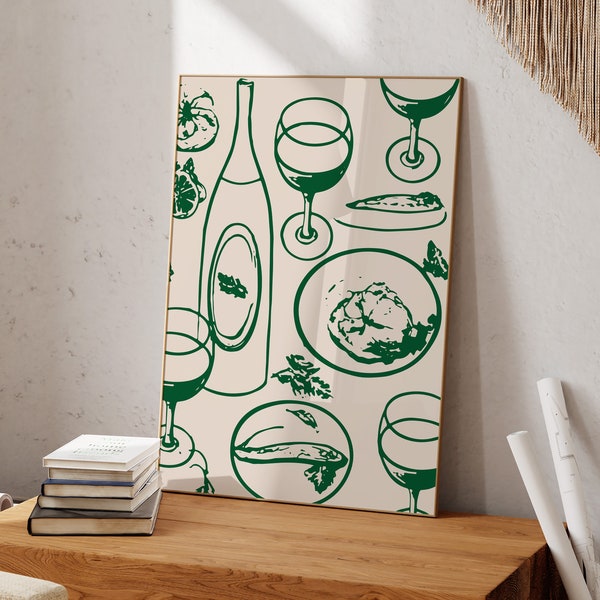 Green Wine and Food Retro Kitchen Decor Poster | Vintage Wine Print | Modern Dining Room Wall Art | Hand Drawn Modern Kitchen Bar Cart Print