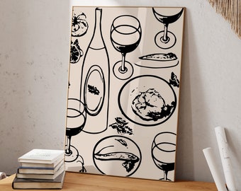 Black Wine and Food Retro Kitchen Decor Poster | Vintage Wine Print | Modern Dining Room Wall Art | Hand Drawn Modern Kitchen Bar Cart Print