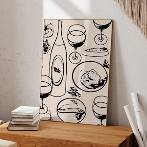 Zwarte wijn en voedsel Retro keuken Decor Poster | Vintage wijnprint | Moderne eetkamer kunst aan de muur | Hand getekend moderne keuken bar winkelwagen afdrukken