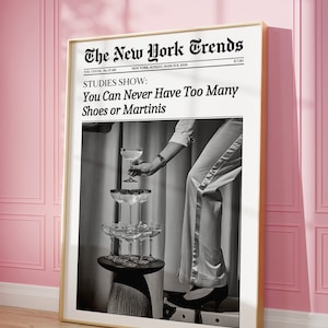 Modny nadruk w gazecie, sztuka ścienna New York Times, plakat z alkoholem, sztuka ścienna Martini, nagłówek w czasopiśmie, wózek barowy w stylu retro, wystrój pokoju w akademiku dla dziewcząt