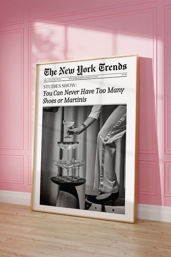 Trendy Newspaper Print, New York Times Wall Art, Alcohol Poster, Martini Wall Art, Magazine Headline, Retro Bar Cart, Girl Dorm Room Decor