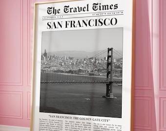 San Francisco Wall Art, California Trendy Newspaper Print, Black and White Wall Art, USA Vintage Poster, Retro Poster, Girl Dorm Room Decor