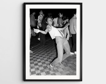 Black Woman Dancing Wall Art, Black and White Poster, Black Girl Art Gift, Happy Woman Print, Funny Retro Girl Room Decor, Digital Wall Art