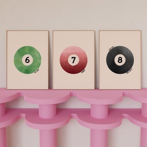 Set van 3 vintage print biljartballen, retro handgetekende print, Lucky Ball-print, afdrukbare poster, 7 biljartbalposter, trendy digitale muurkunst