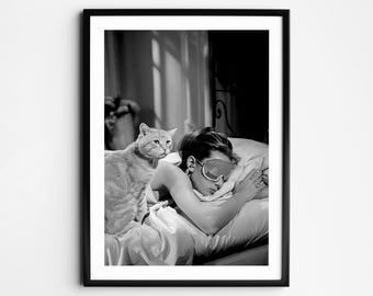 Audrey Hepburn Sleeping Wall Art, Black and White Print, Vintage Photo, Classic Hollywood Art, Woman and Cat Wall Decor, Retro Dorm Room Art