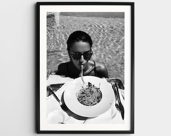 Woman Eating Spaghetti in Swimming Pool Wall Art, Black and White Vintage Print, Italian Pasta Print, Feminist Poster, Retro Wall Decor