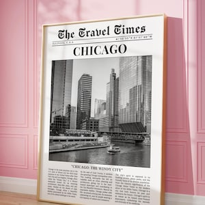 Chicago Wall Art, ILLINOIS Trendy Zeitungsdruck, Schwarzweißkunst, USA Vintage Wandkunst, Retro Chicago Poster, Mädchenwohnheimzimmerdekor