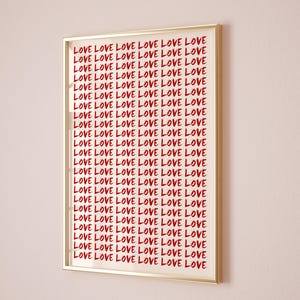 Póster de amor, arte de pared de amor moderno, impresión retro, impresión tipográfica de amor, impresión preppy roja, arte de pared de los años 70, arte psicodélico, decoración de dormitorio femenino