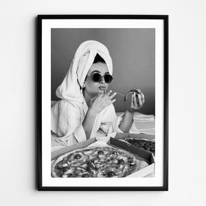 Woman Eating Pizza Wall Art, Black and White Print, Pizza Poster, Vintage Photo, Feminist Poster, Bar Cart Print, Hot Girl Retro Wall Decor